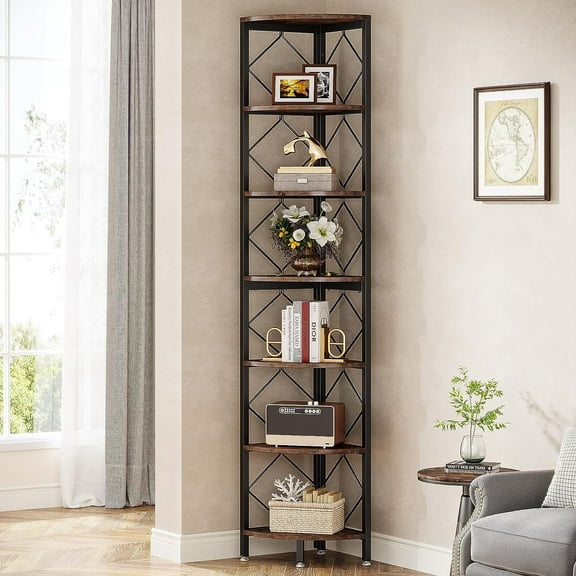 Finmind 7 Tier Tall Industrial Corner Bookcase, Engineered Woods Brown, 13.78" x 13.78" x 78.7"