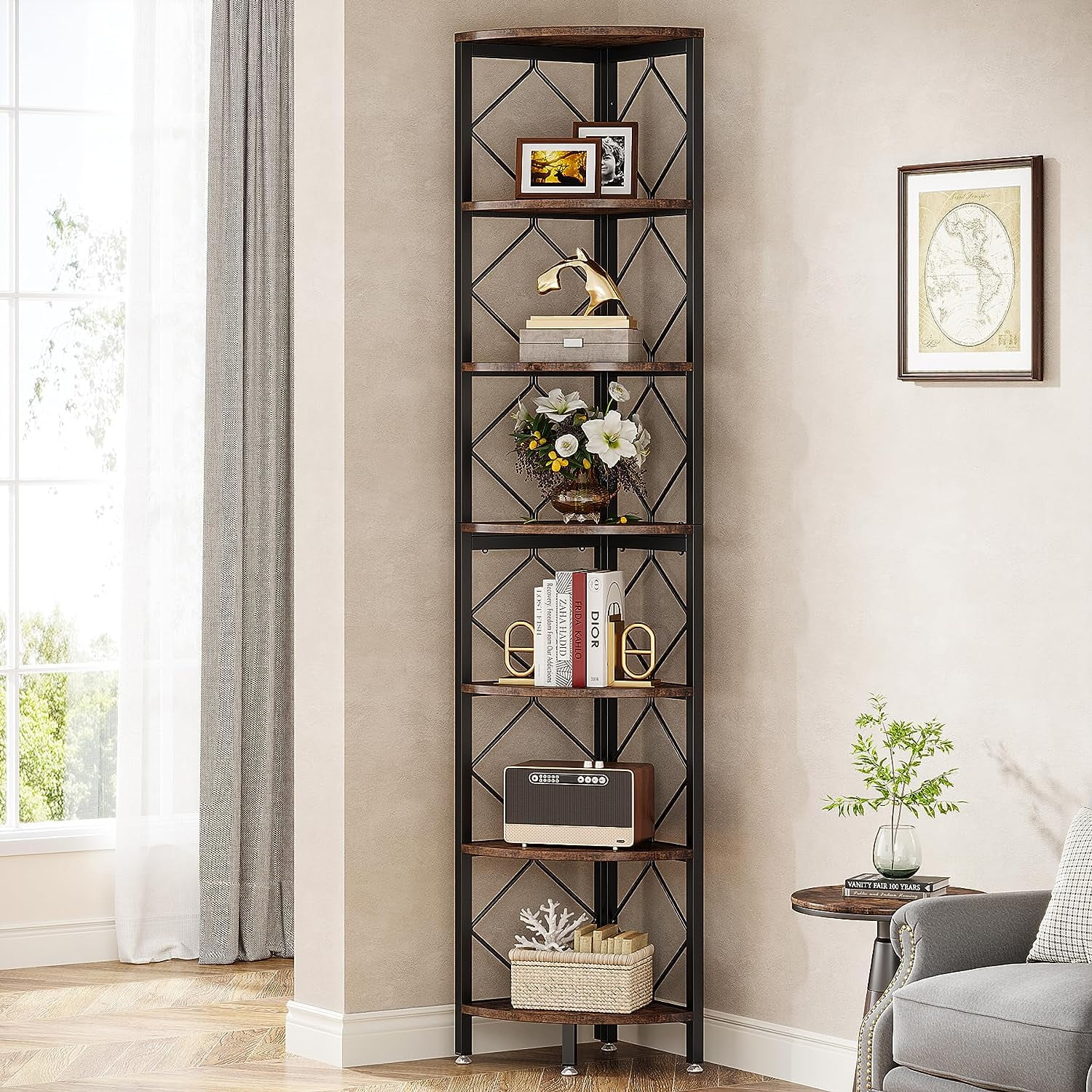 Tribesigns 6-Tier Corner Shelf, 75 Inch Tall Narrow Bookshelf Storage Rack,  Etagere Shelves Display Stand for Small Spaces, Rustic Open Bookcase