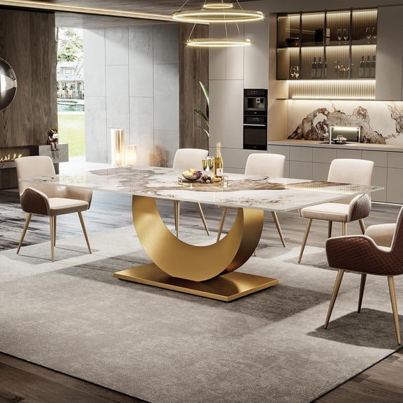 Tribesigns 78.7" Sintered Stone Dining Table, Luxury Kitchen Table with Pandora Sintered Stone Tabletop and Stainless Steel Pedestal for Dining Room for 8, White Gold