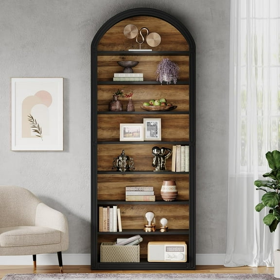 Tribesigns 78.7" Tall Arched Bookshelf, Modern White Arched Bookcase with Storage Shelves, 8-Tier Floor Standing Wood Open Display Shelving Unit for Living Room, Bedroom, Home Office (Black)