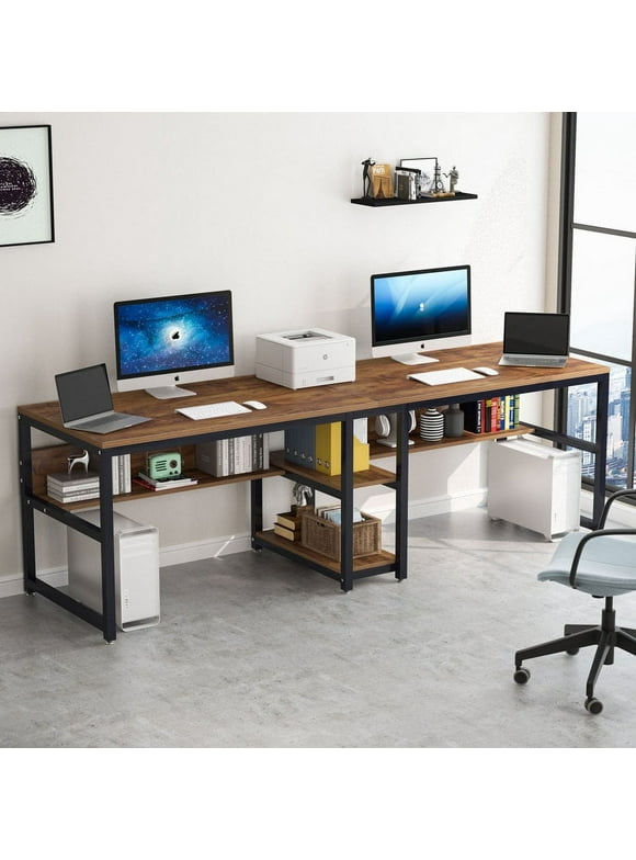 Tribesigns 78.7 Two Person Desk, Computer Double Office Desk with Bookshelf for Two Person, Industrial Writing Desk Workstation with Shelf for Home Office (Brown)