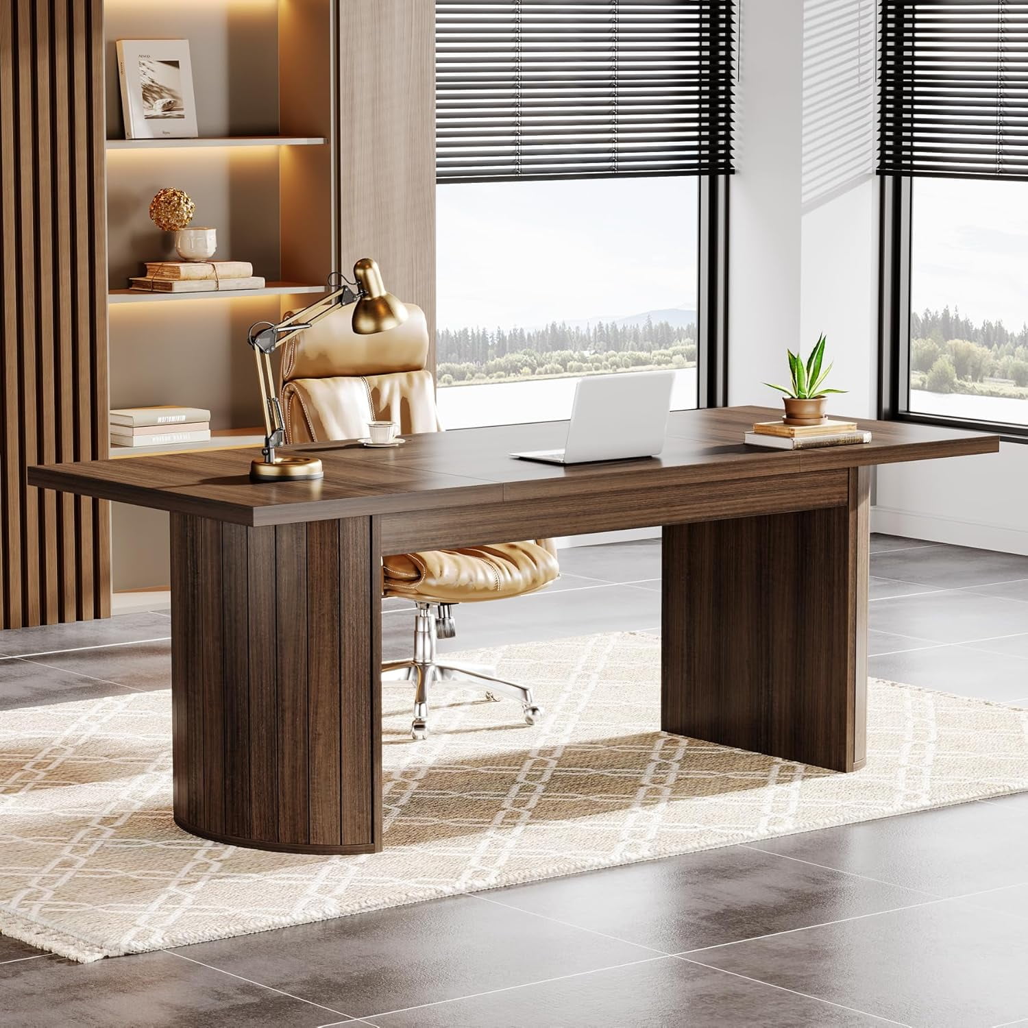 Tribesigns 78.74" Extra Long Executive Desk, Large Computer Office Desk with Wooden Double Pedestal, Rustic Farmhouse Study Writing Table Workstation for Home Office (Walnut)