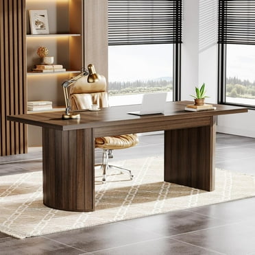 Tribesigns 78.74" Extra Long Executive Desk, Large Computer Office Desk with Wooden Double Pedestal, Rustic Farmhouse Study Writing Table Workstation for Home Office (Walnut)