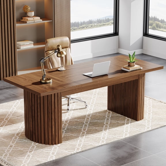 Tribesigns 78.74" Extra Long Executive Desk, Large Computer Office Desk with Wooden Double Pedestal, Rustic Farmhouse Study Writing Table Workstation for Home Office (Walnut)