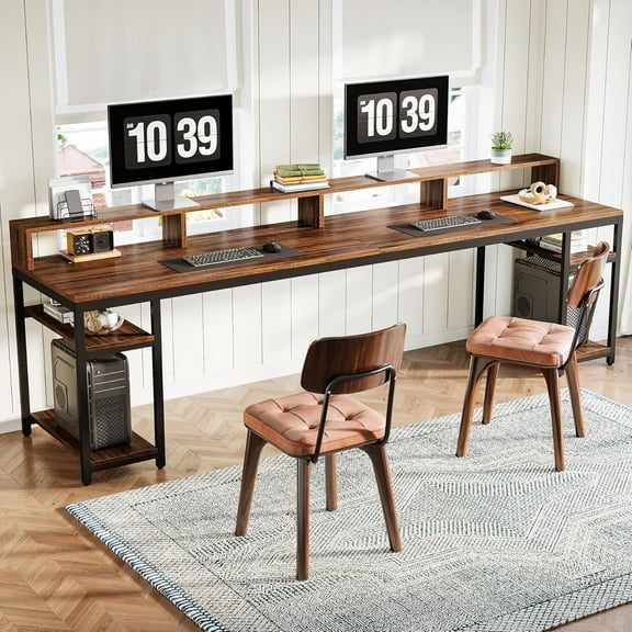 78.74 Inches Extra Long Two-Person Desk, Double Computer Desk with Monitor Stand and Storage Shelves, Study Work Table for Home Office, Rustic Brown