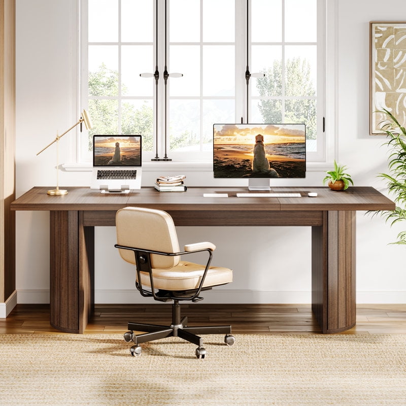 Tribesigns 78.74" Long Executive Desk, Farmhouse Wood Computer Office Desk with Wooden Double Pedestal for Home Office (Deep Brown)
