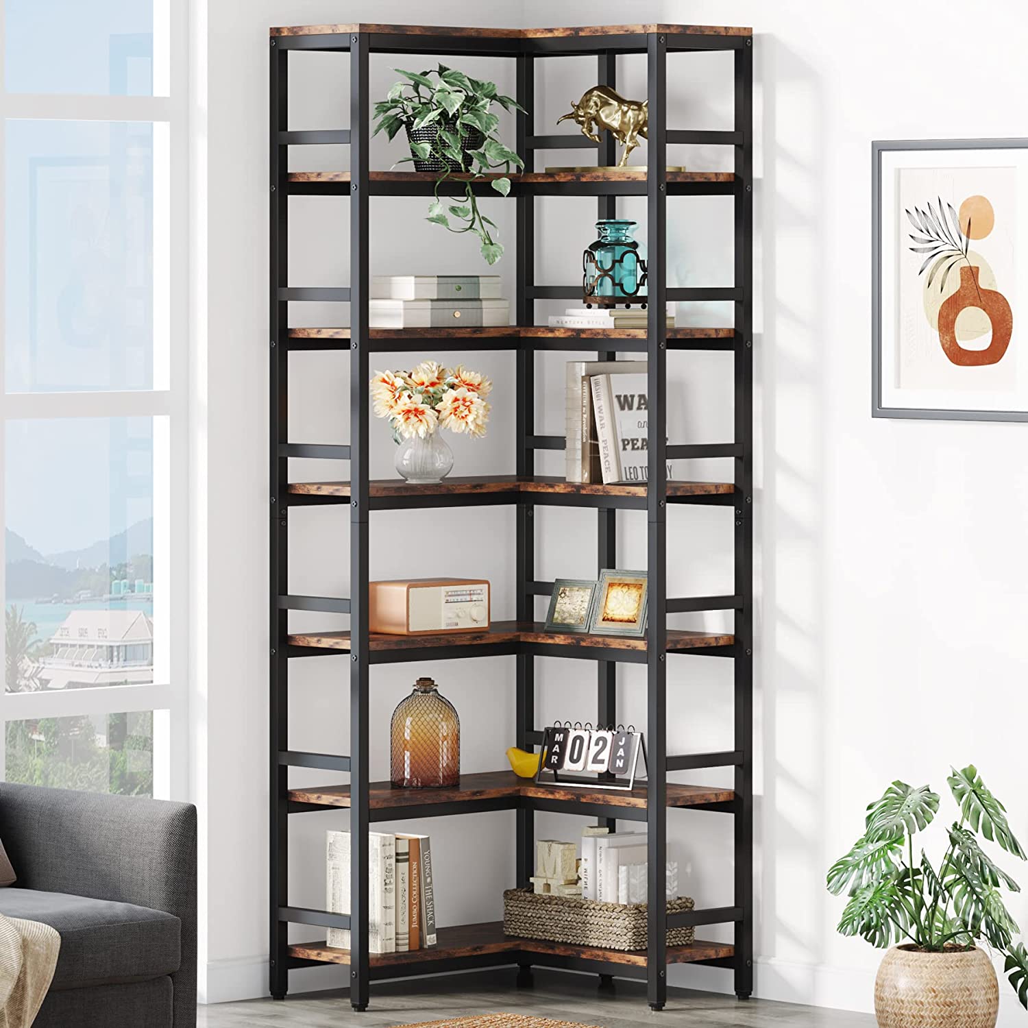 Homfa 6 Tier Corner Shelf, 65'' Tall Skinny Shelf Wood Corner Shelving