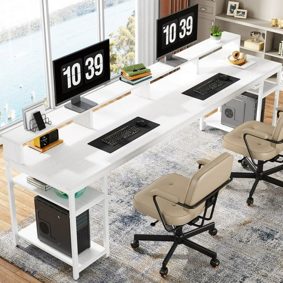Tribesigns 78.74" Two Person Desk with Monitor Stand, Long Double Computer Desk with Storage Shelves for Home Office, White