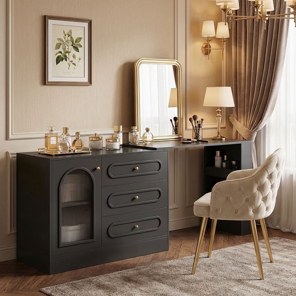Fnova 78" Corner Vanity Desk with 3 Drawers, Modern Makeup Vanity Desk with Extendable Table & Reversible Cabinet for Bedroom (Without Mirror) (Black)