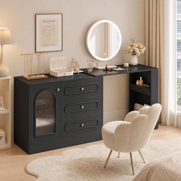 Fnova 78" Corner Vanity Desk with 3 Drawers, Modern Makeup Vanity Desk with Extendable Table & Reversible Cabinet for Bedroom (Without Mirror) (Black)