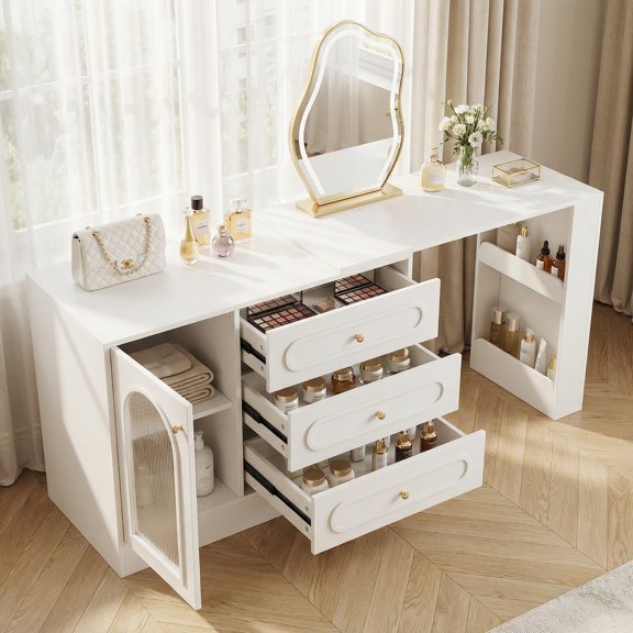 Tribesigns 78" Corner Vanity Desk with 3 Drawers, Modern Makeup Vanity Desk with Extendable Table & Reversible Cabinet for Bedroom (Without Mirror) (White)