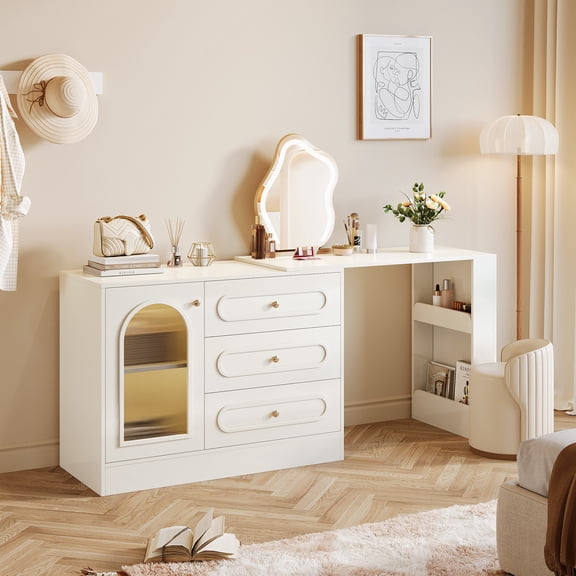 Fnova 78" Corner Vanity Desk with 3 Drawers, Modern Makeup Vanity Desk with Extendable Table & Reversible Cabinet for Bedroom (Without Mirror) (White)