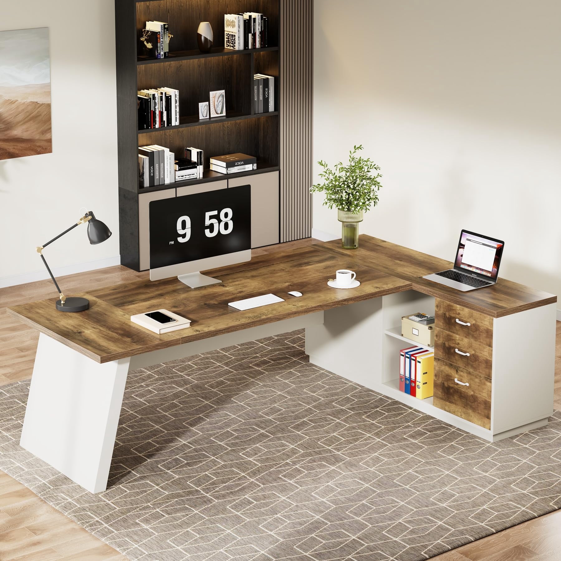 Tribesigns 78-Inch L-Shaped Executive Desk, Large Office Desk with Drawers and Lateral File Cabinet, Modern Computer Desk for Home Office, Brown & White