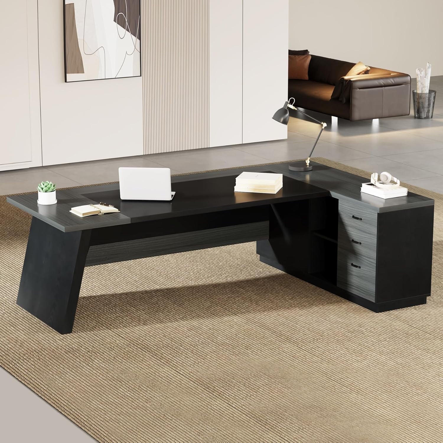 Tribesigns 78" L-Shaped Executive Desk, Large Office Desk with Drawers and Lateral File Cabinet
