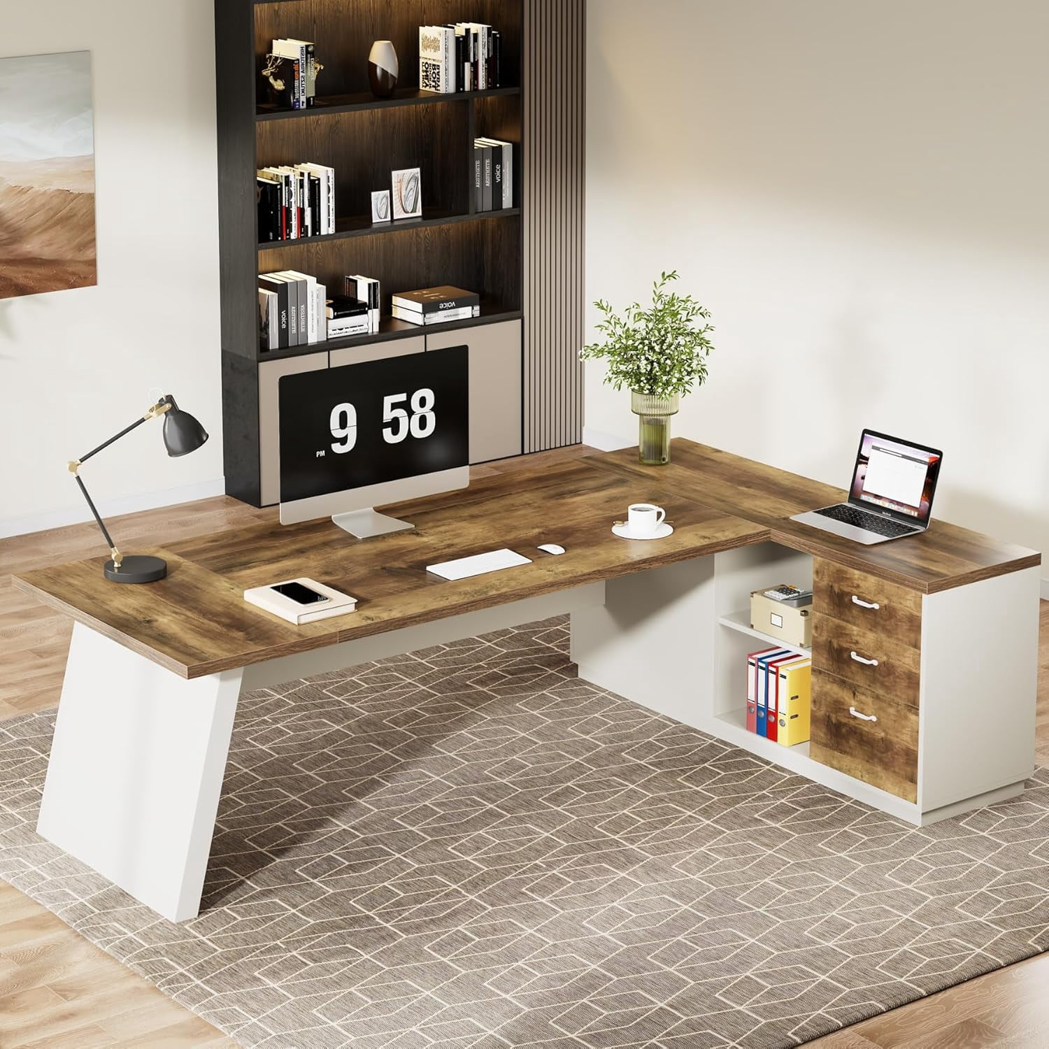 Tribesigns 78" L-Shaped Executive Desk, Large Office Desk with Drawers and Lateral File Cabinet