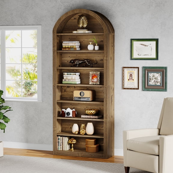 Tribesigns 79.5" Arched Bookshelf, Modern Tall Arched Bookcase with Storage Shelves, 8-Tier Floor Standing Wood Display Shelving Unit for Living Room, Bedroom (Vintage Brown, 8-Tier)