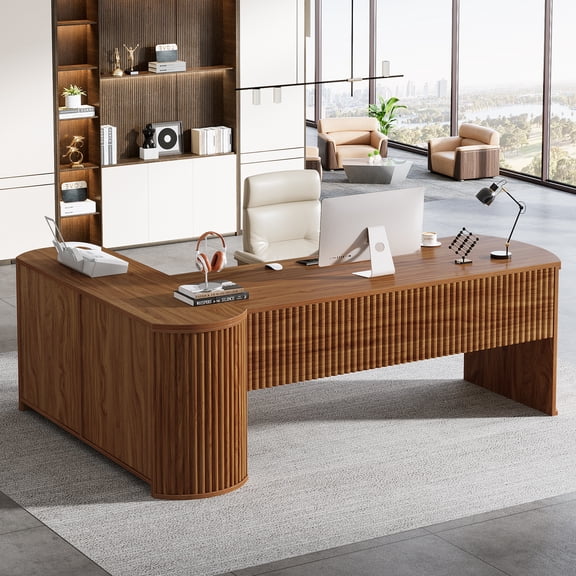 Tribesigns 79" Executive Desk with Storage Shelves, L-Shaped Office Desk with File Drawers for Home Office, Brown