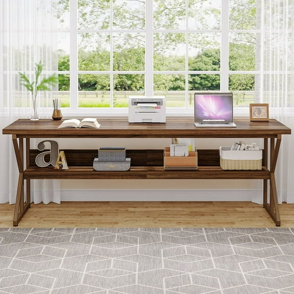 Tribesigns 79 Inch Computer Desk for 2 Person, Extra Long Rectangular Desk with Storage Shelf, Large Double Desk Writing Desk for Home Office,,Bedroom, Living Room, Rustic Brown