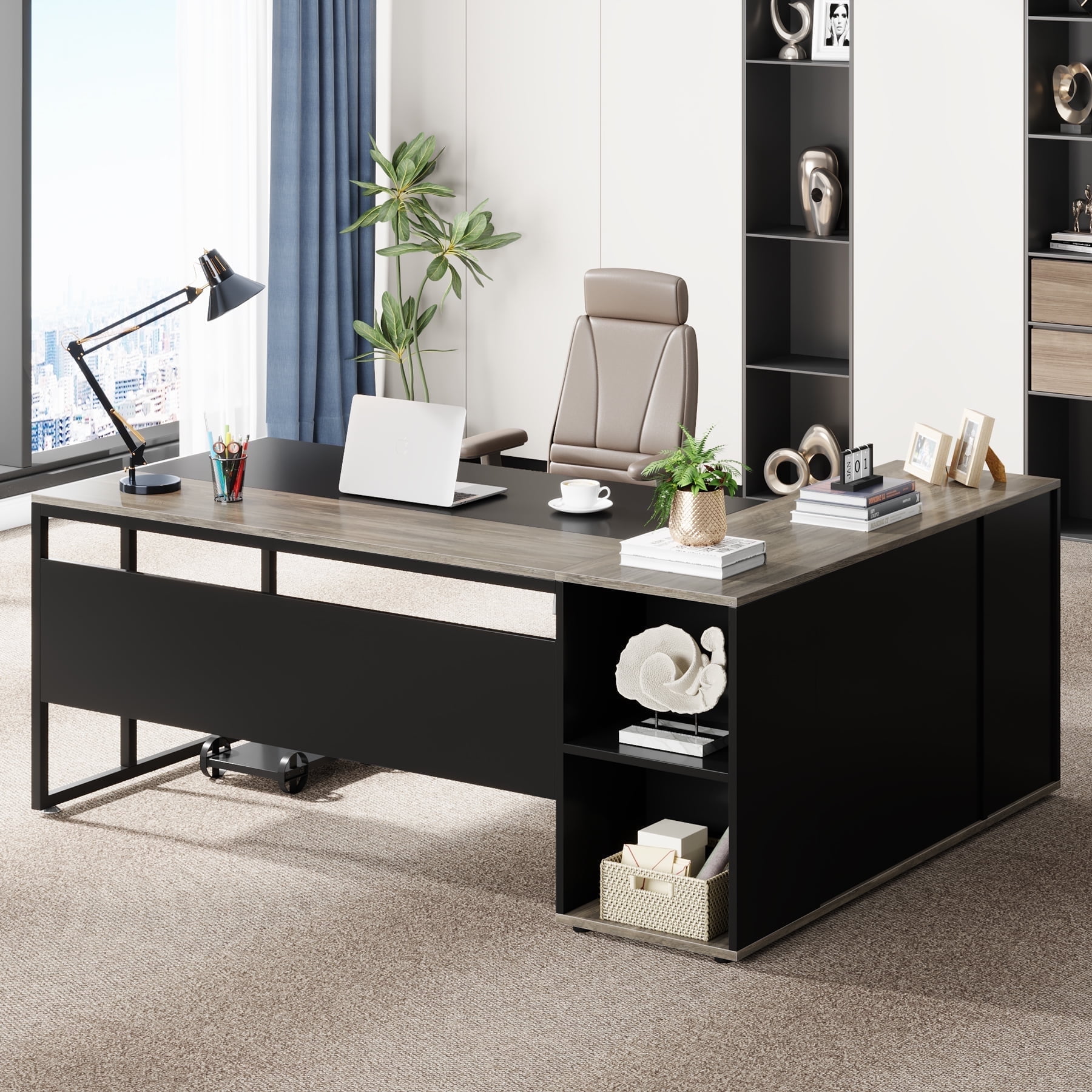 Tribesigns 71-Inch L-Shaped Executive Desk with Cabinet Storage & Shelves, Gray