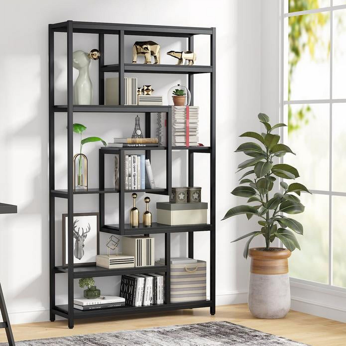 Tribesigns 8Shelves Staggered Bookshelf Rustic Industrial Etagere