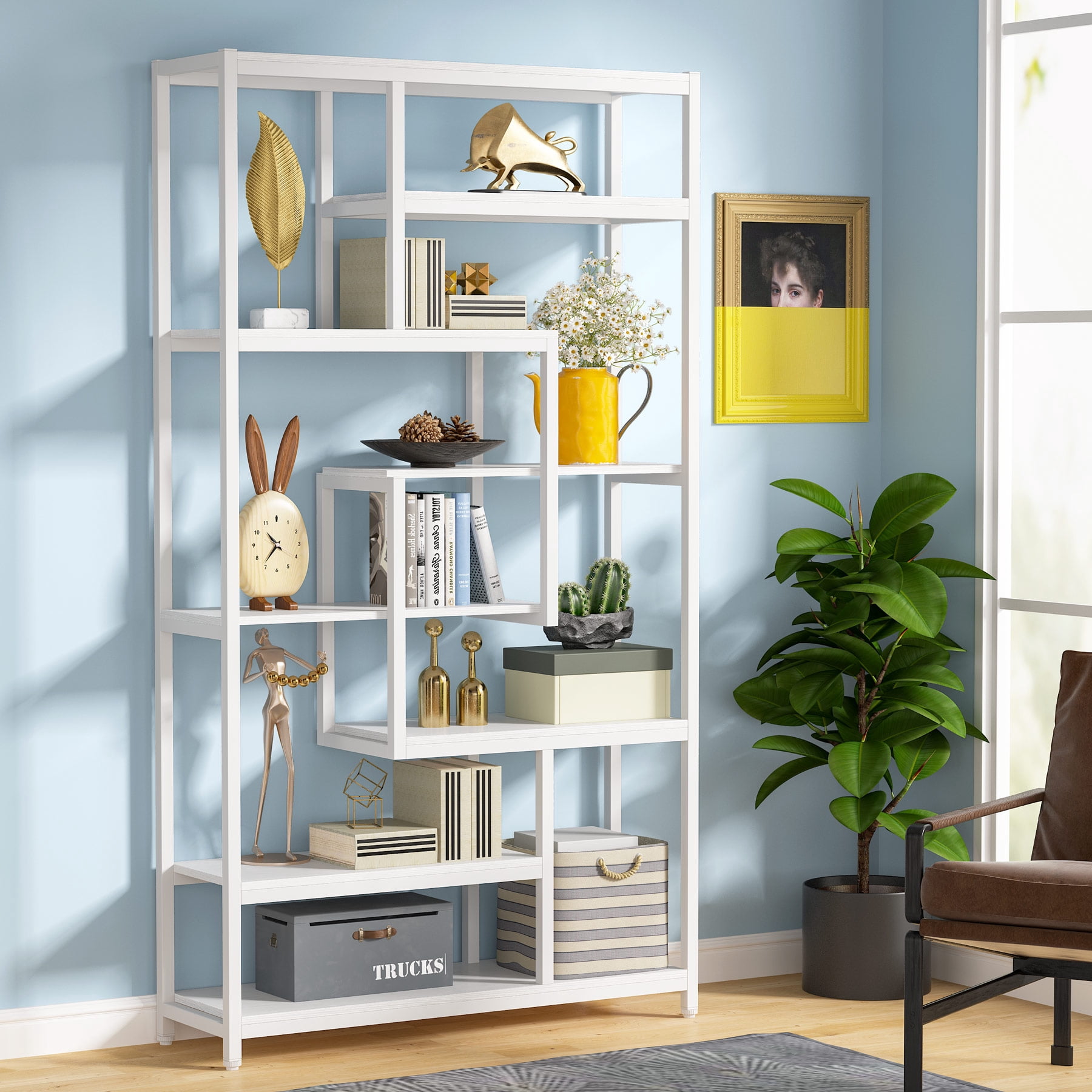 Tribesigns 8Shelves Staggered Bookshelf Rustic Industrial Etagere