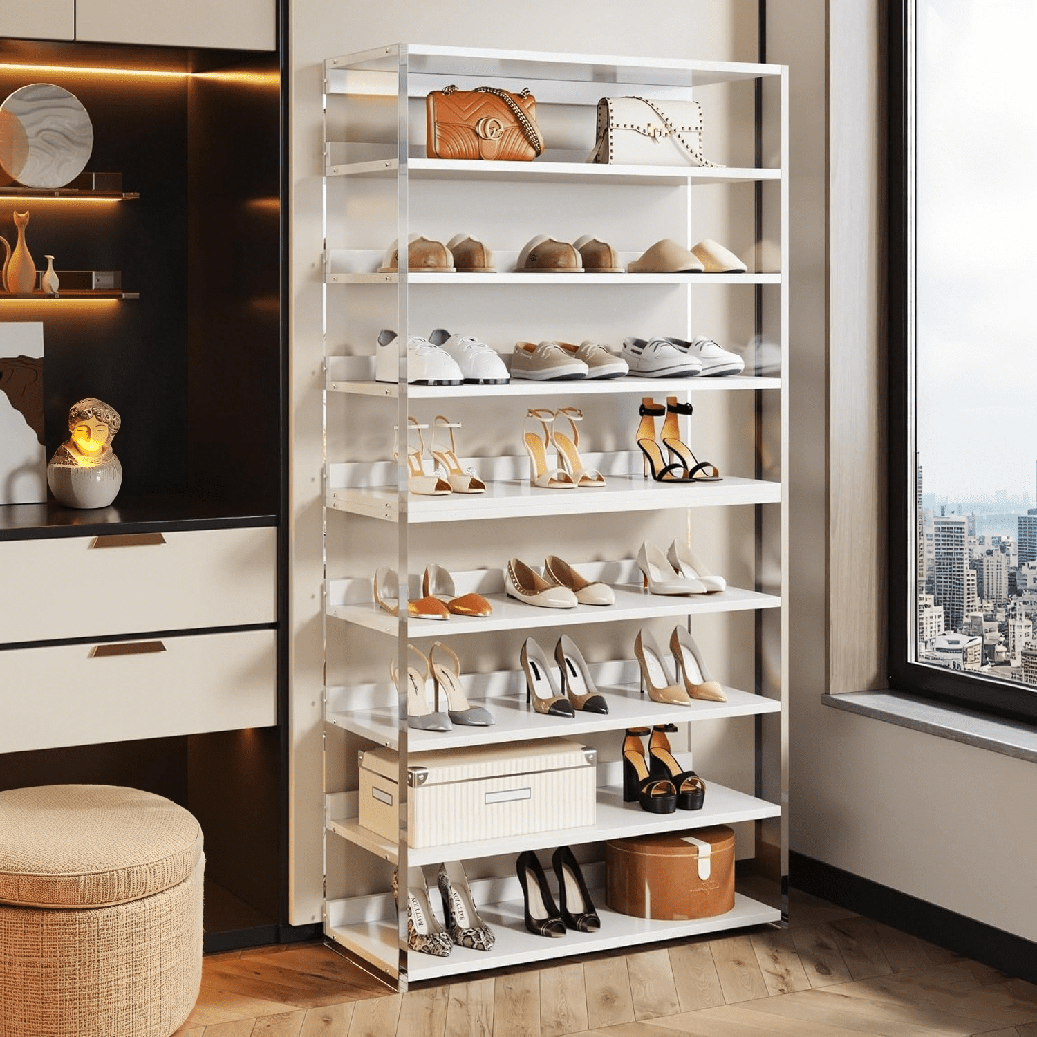 Tribesigns 8-Tier Acrylic Shoe Rack, 63" Modern Shoe Storage with Wood Shelves for 24-32 Pairs, White & Transparen
