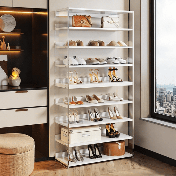 Tribesigns 8-Tier Acrylic Shoe Rack, 63" Modern Shoe Storage with Wood Shelves for 24-32 Pairs, White & Transparen