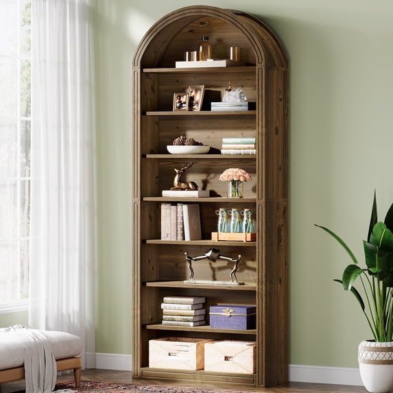 Tribesigns 8-Tier Bookcase, 78.7" Tall Bookshelf with Arched Top, Large Freestanding Wooden Open Bookcase Bookshelf, Modern Display Book Shelf for Living Room, Bedroom, Office, Library, Vintage Brown