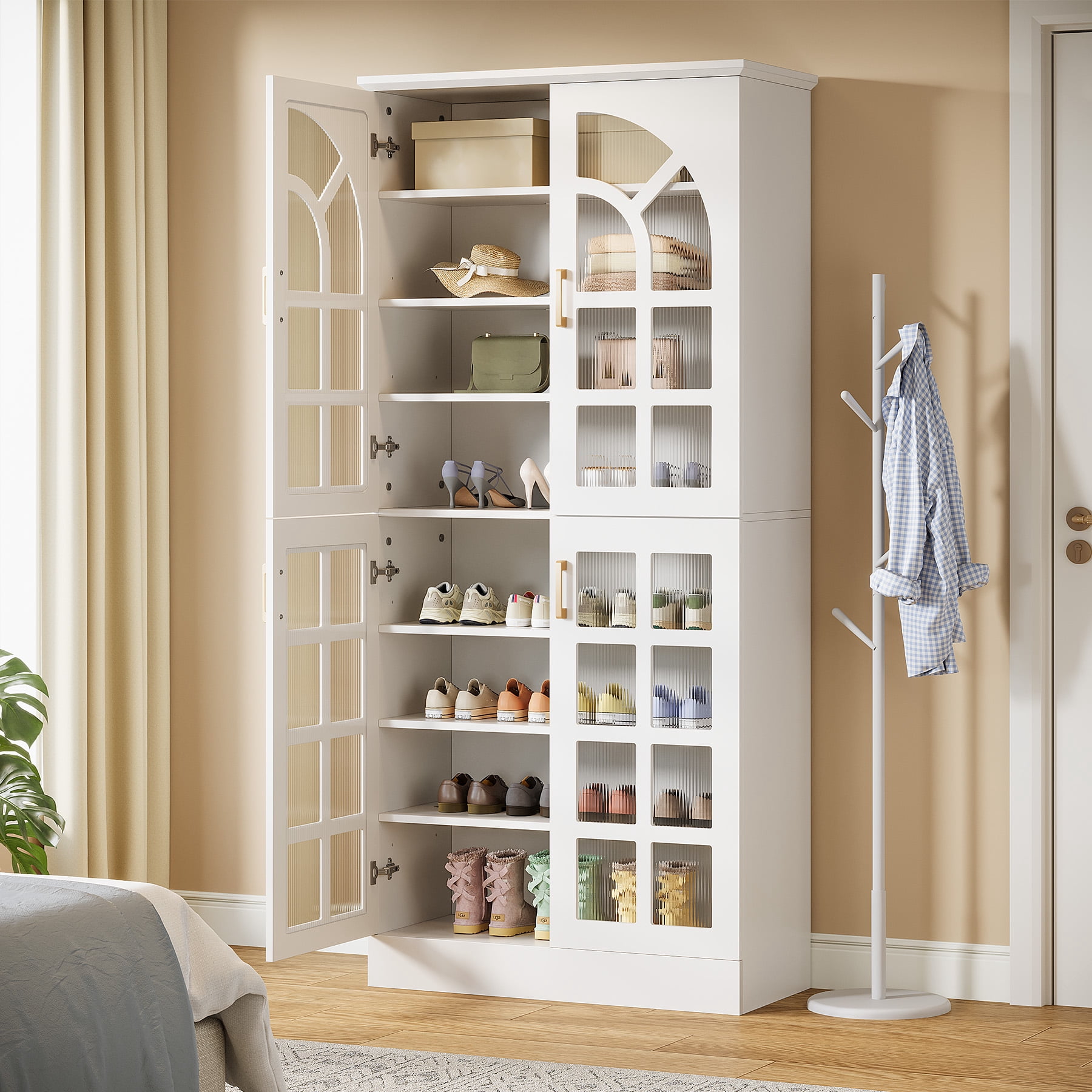 Tribesigns 8-Tier Shoe Cabinet with Doors and Led Lights, 76" Tall Shoe Rack Organizer with Adjustable Shelves for Entryway, Closet, Living Room, White
