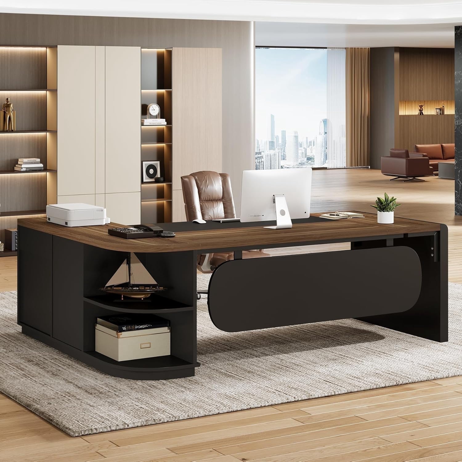 Finmind 80" L-Shaped Desk, Large Executive Office Desk with 55'' Drawers Cabinet