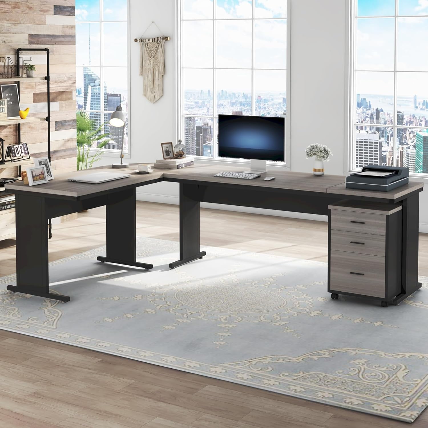 Tribesigns Reversible Executive Desk with 3 Drawer File Cabinet L Shaped Desk Gray Walmart