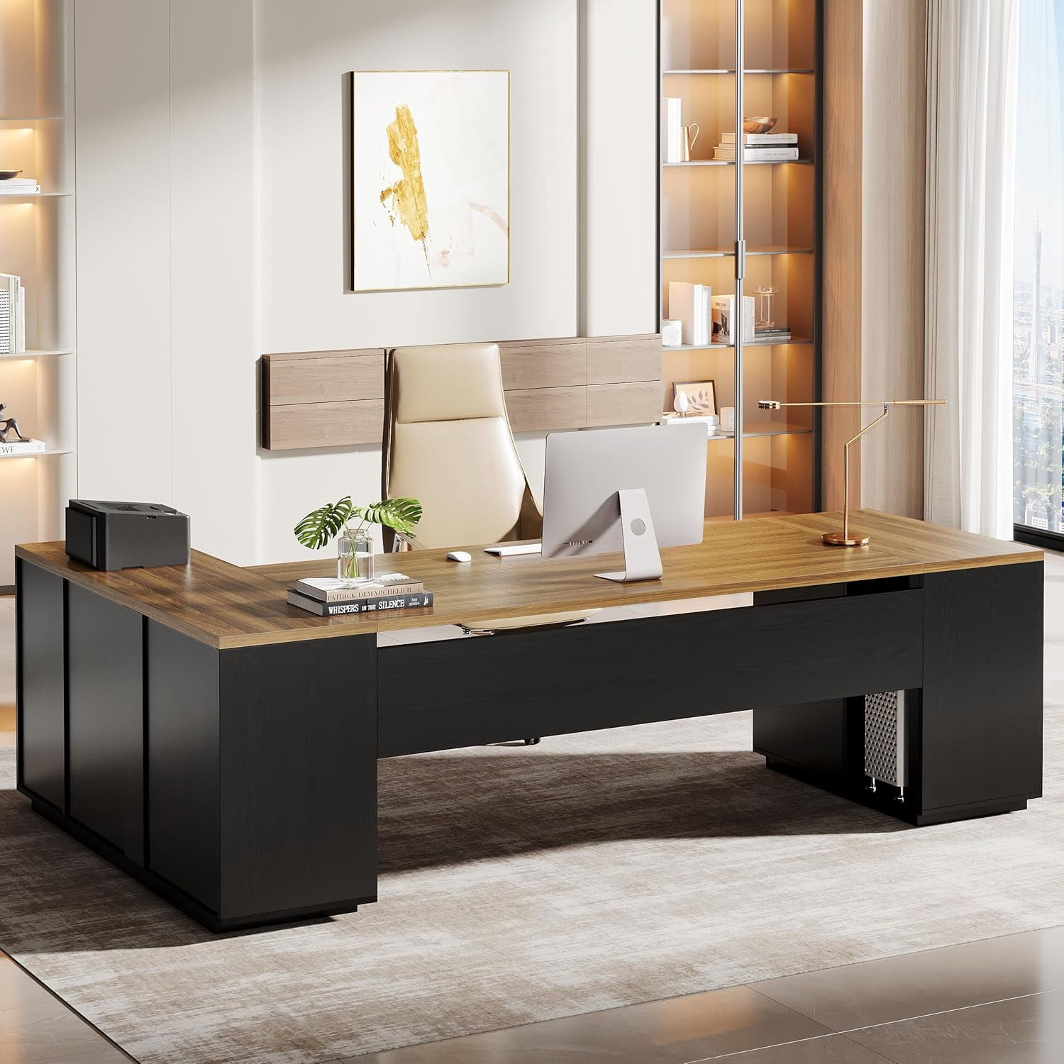 Tribesigns 85.8-Inch L-Shaped Executive Desk, Extra Large Modern Office Desk with File Drawers, Door Cabinet & Shelves, Brown&Black