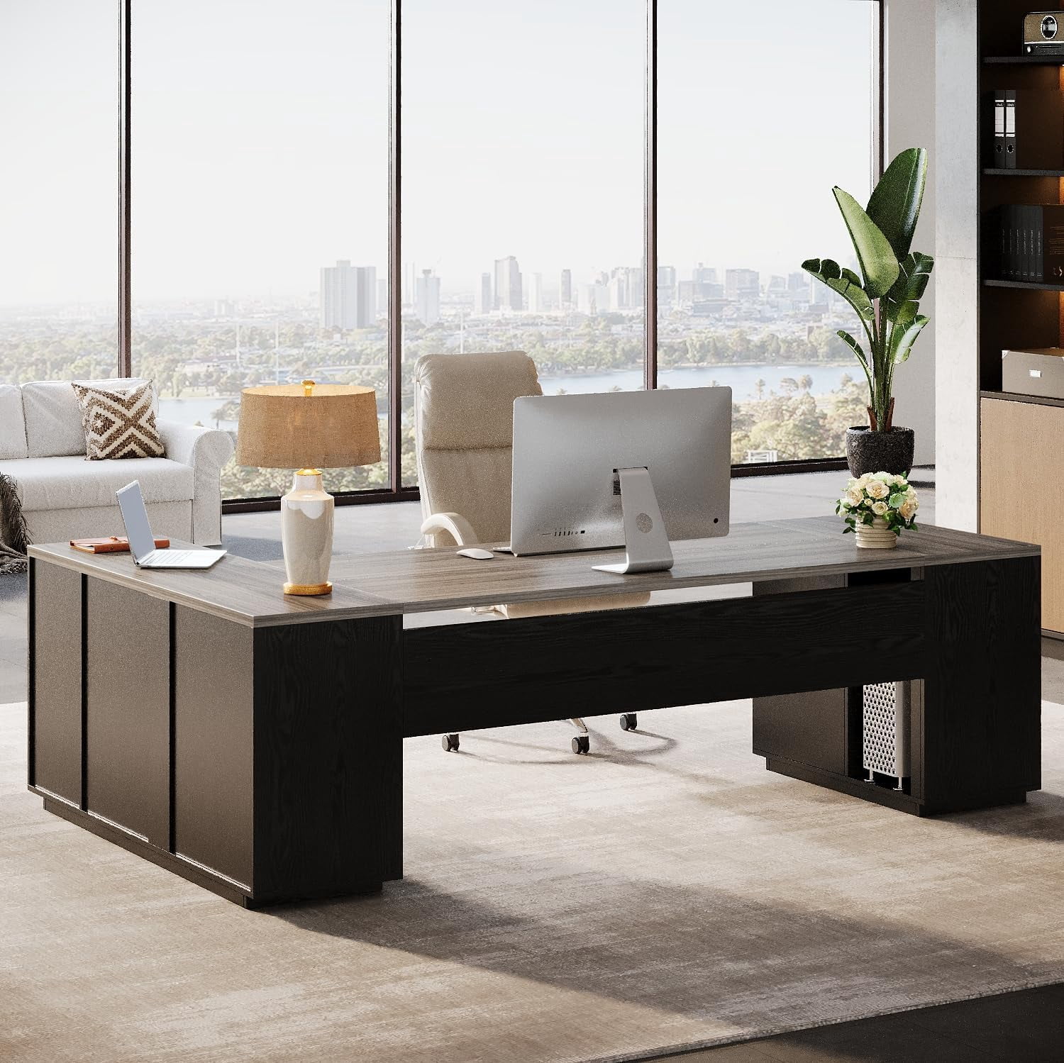 Tribesigns 85.8-Inch L-Shaped Executive Desk, Extra Large Modern Office Desk with File Drawers, Door Cabinet & Shelves, Gray&Black