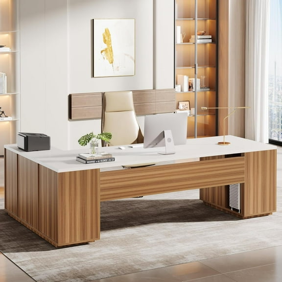 Tribesigns 85.8-Inch L-Shaped Executive Desk, Extra Large Modern Office Desk with File Drawers, Door Cabinet & Shelves, White & Brown
