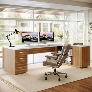 Finmind 85.8" L-Shaped Executive Desk, Extra Large Office Desk with File Drawers, Modern Business Furniture with Door Cabinet, Shelves for Home Office, White & Brown