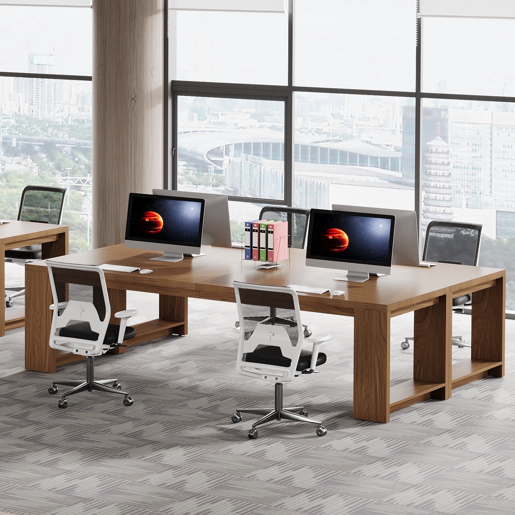 Tribesigns 86.6-inch Extra Long Desk, Wooden 2 Person Desk with Sturdy Legs, Large Double Computer Desk for Home Office, Walnut (Set of 2)
