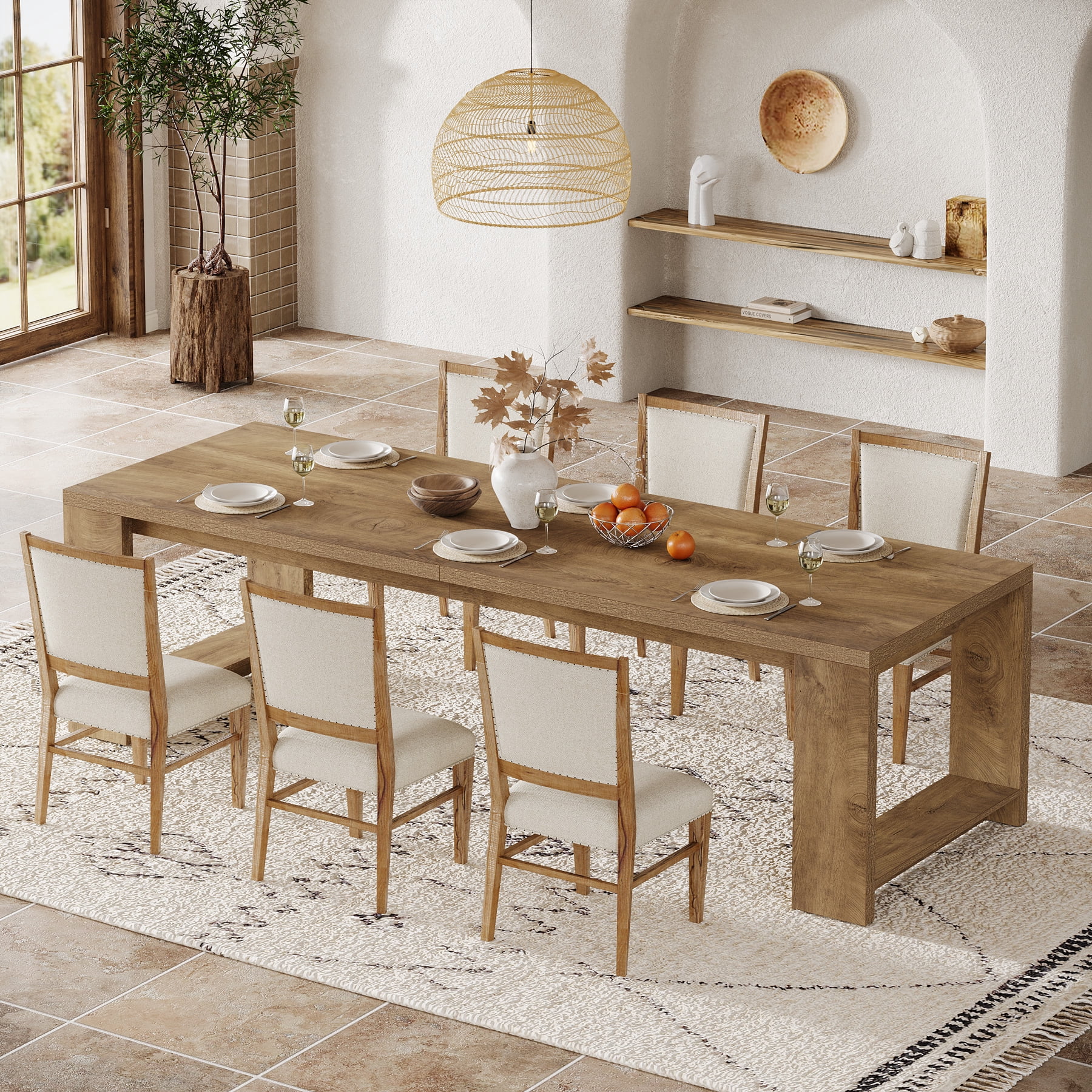 Tribesigns 86.61-inch Dining Table for 6-8, Farmhouse Narrow Kitchen Table with Wood Pedestal Base, Light Brown