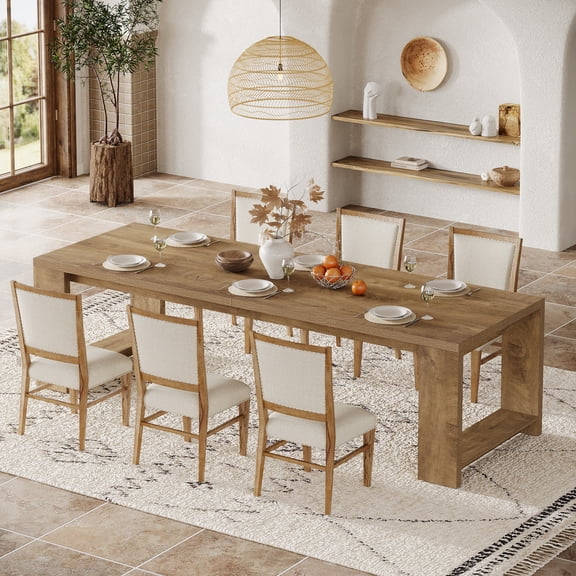 Tribesigns 86.61-inch Dining Table for 6-8, Farmhouse Narrow Kitchen Table with Wood Pedestal Base, Light Brown