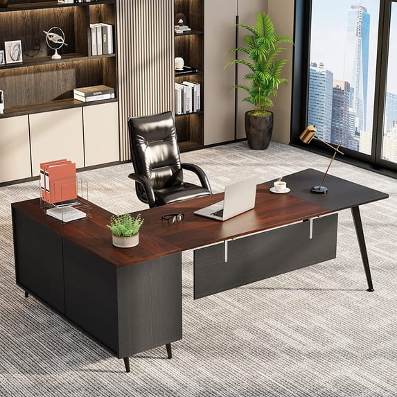 Tribesigns 87” Extra Long Executive Desk with 51” File Cabinet in Drawer and Storage Shelves, Dark Walnut & Grey