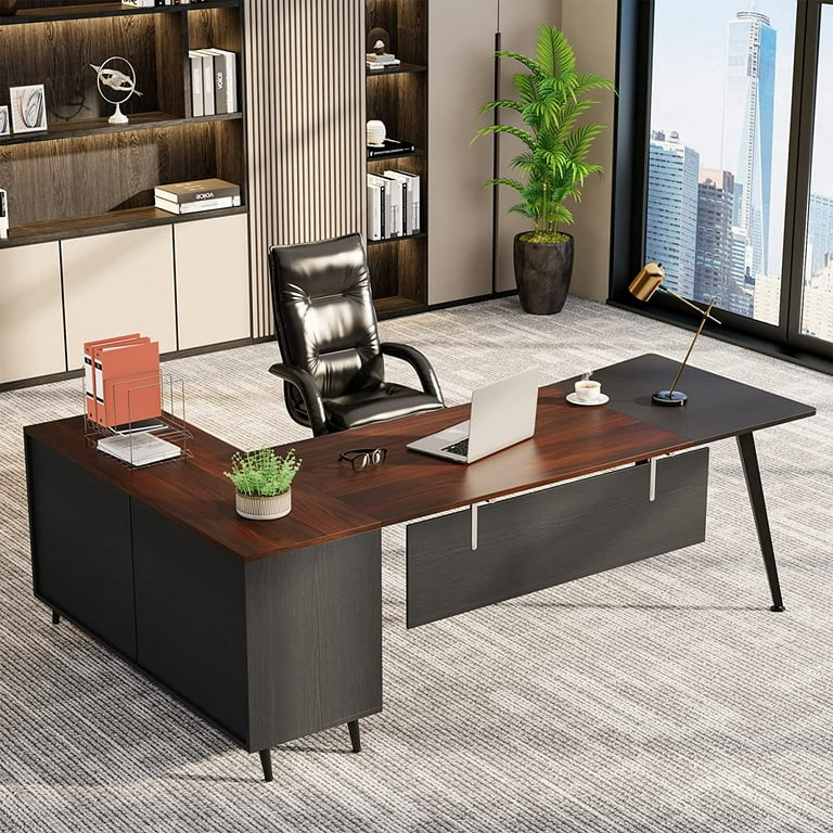 Tribesigns 87” Extra Long Executive Desk with 51” File Cabinet in Drawer  and Storage Shelves, Dark Walnut & Grey