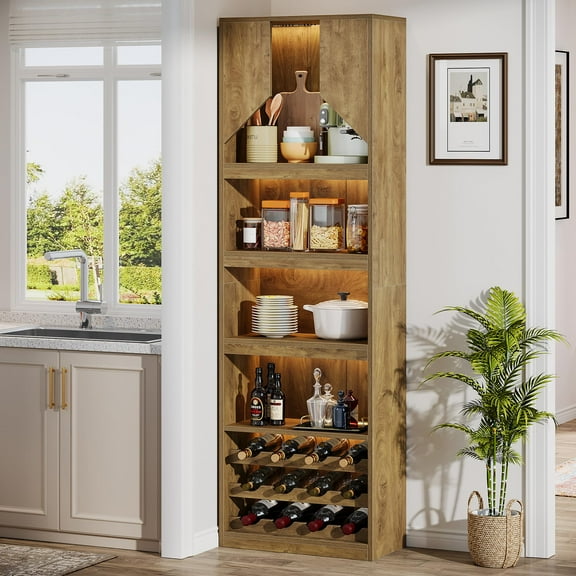 Tribesigns 87" Tall Wine Bar Cabinet with Stripe Light, Farmhouse Liquor Cabinet with Wine Racks and Open Shelves