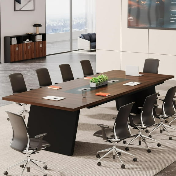 Tribesigns 8ft Conference Room Table, Modern Meeting Desk with Cable Management, Large Conference Table Business Seminar Furniture for Boardroom, Walnut and Black, 1PC