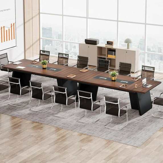 Tribesigns 8ft Conference Room Table, Modern Meeting Desk with Cable Management, Large Conference Table Business Seminar Furniture for Boardroom, Walnut and Black, 2PCS