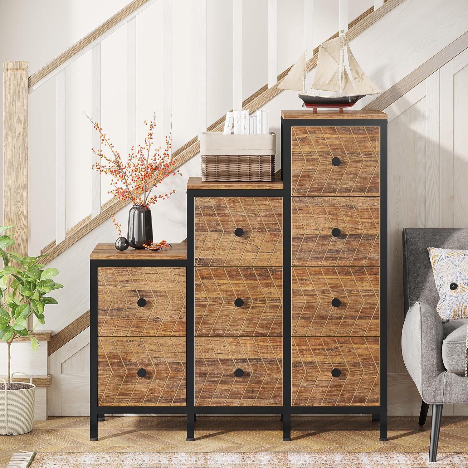 Tribesigns 9 Drawers Wood Dresser, Large Cubby Step Chest of Drawers, Wooden Storage Organizer