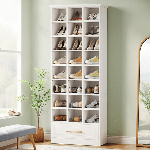 Tribesigns 9-Tier Shoe Storage Cabinet, 71-Inch Tall Wooden Shoe Rack with 24 Cubbies and Drawer for Closet, Entryway
