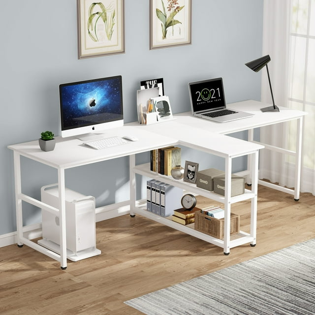 Tribesigns 90.5 inch Computer Desk, Extra Long Two Person Desk with Storage Shelves, Double Workstation Office Desk Study Writing Desk for Home Office