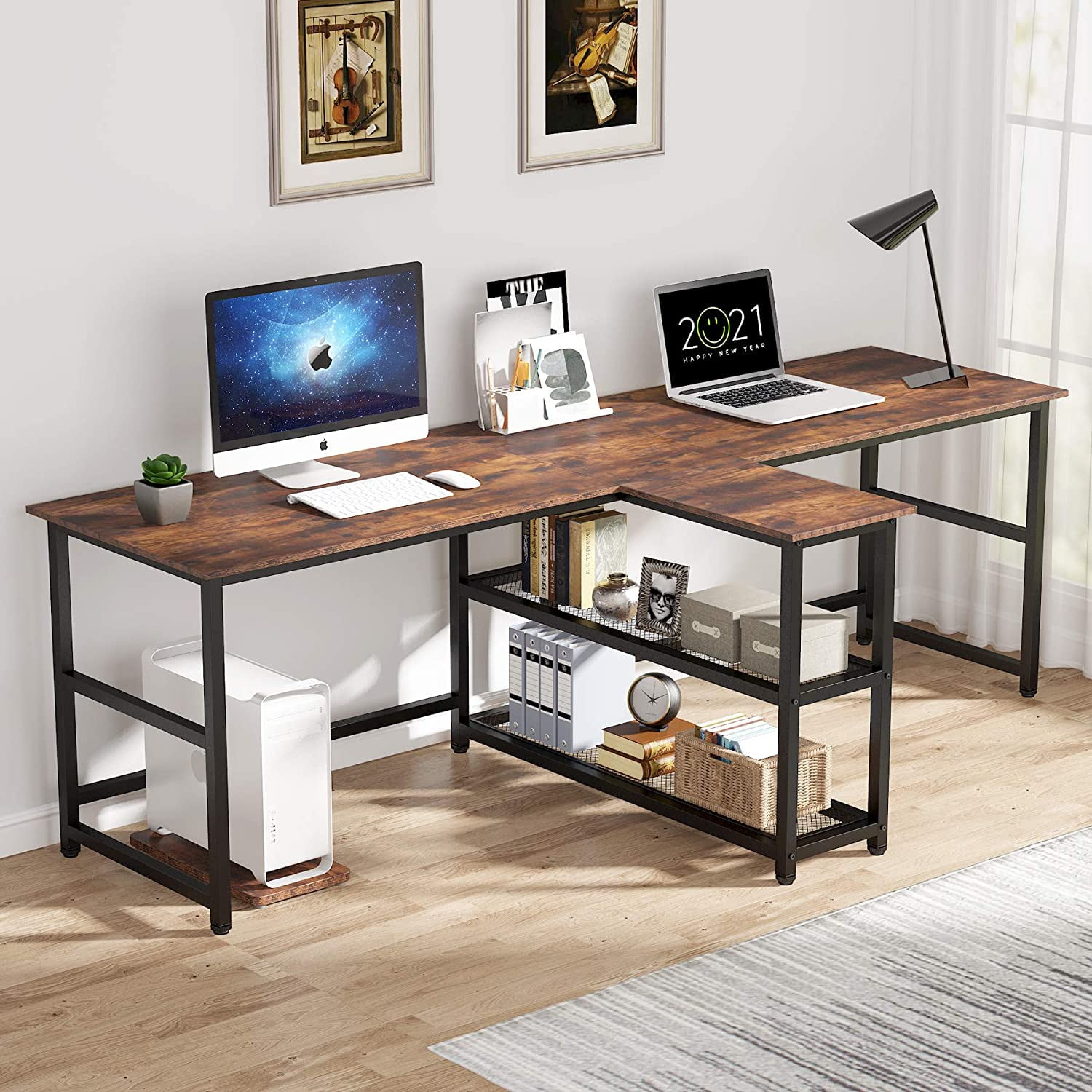 Tribesigns 2 Person Desk, 78 Inch Double Desk with 2 Drawers, Large  Computer Desk Long Desks with Storage Shelves 