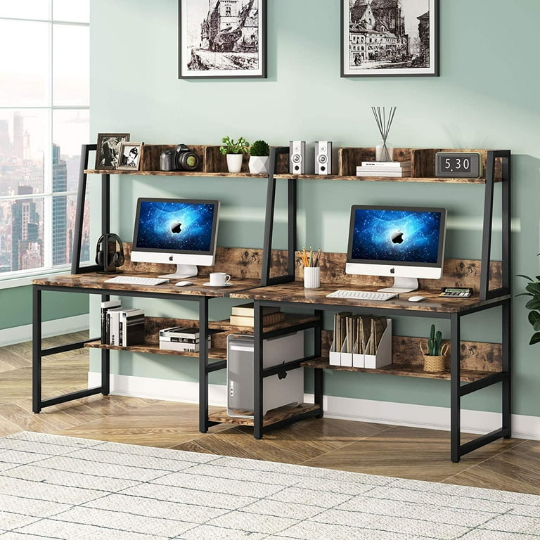 Tribesigns 94.5 inch Two Person Computer Desk with Storage Shelves Exlong Double Computer Desk with Hutch for Home Office Rustic Brown