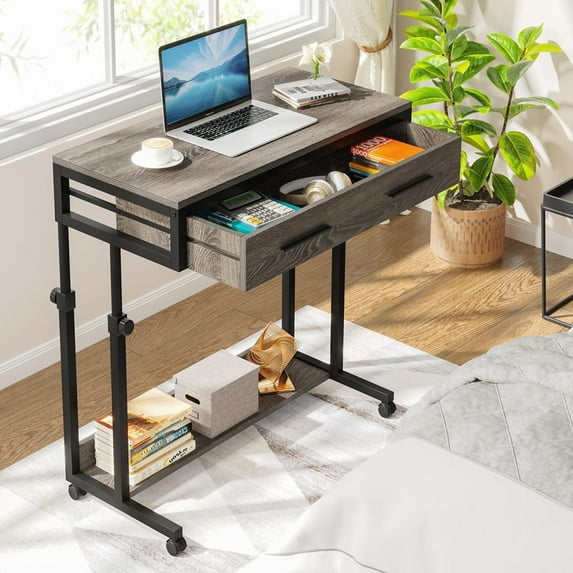 Tribesigns Adjustable Side Table Portable Desk with Drawers & Wheels, Mobile Couch Desk Laptop Table for Sofa and Bed, Rolling Computer Cart Workstation for Home Office, Grey