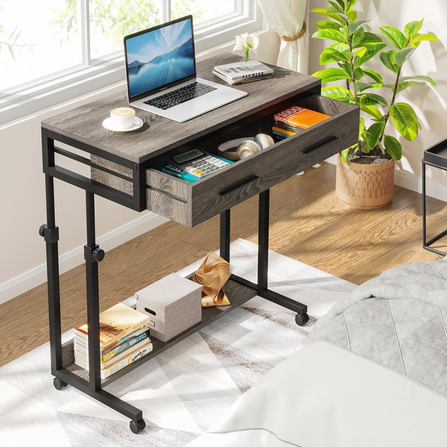 Tribesigns Adjustable Side Table Portable Desk with Drawers Wheels Mobile Couch Desk Laptop Table for Sofa and Bed Rolling Computer Cart